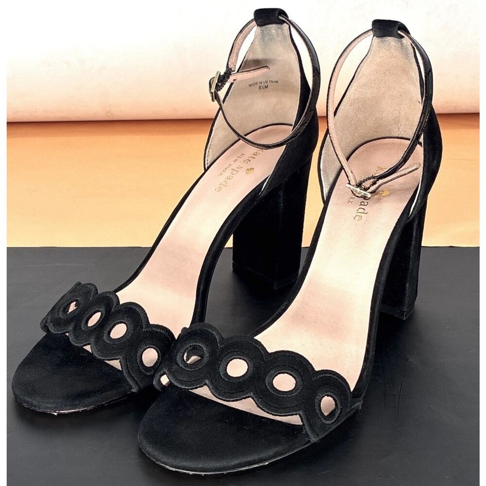 Kate Spade NY Sz 8.5 Blk Suede Caged Scallop Band Ankle Patent Lthr Block Heel - Picture 2 of 7